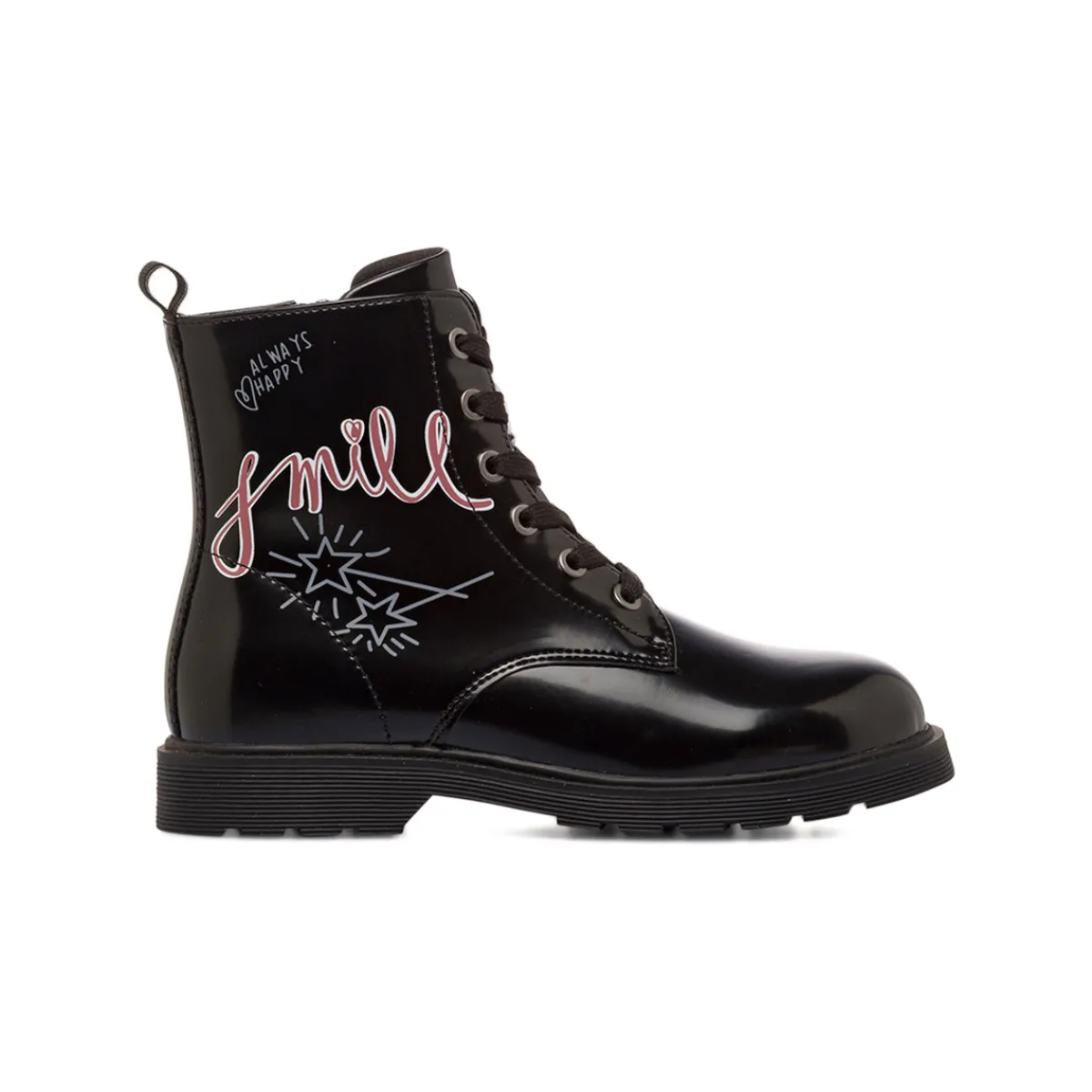 New Anfibi da Ragazza neri lucidi con stampa grafica Smile Bambino Stivaletti Bambina|Scarpe Ragazza