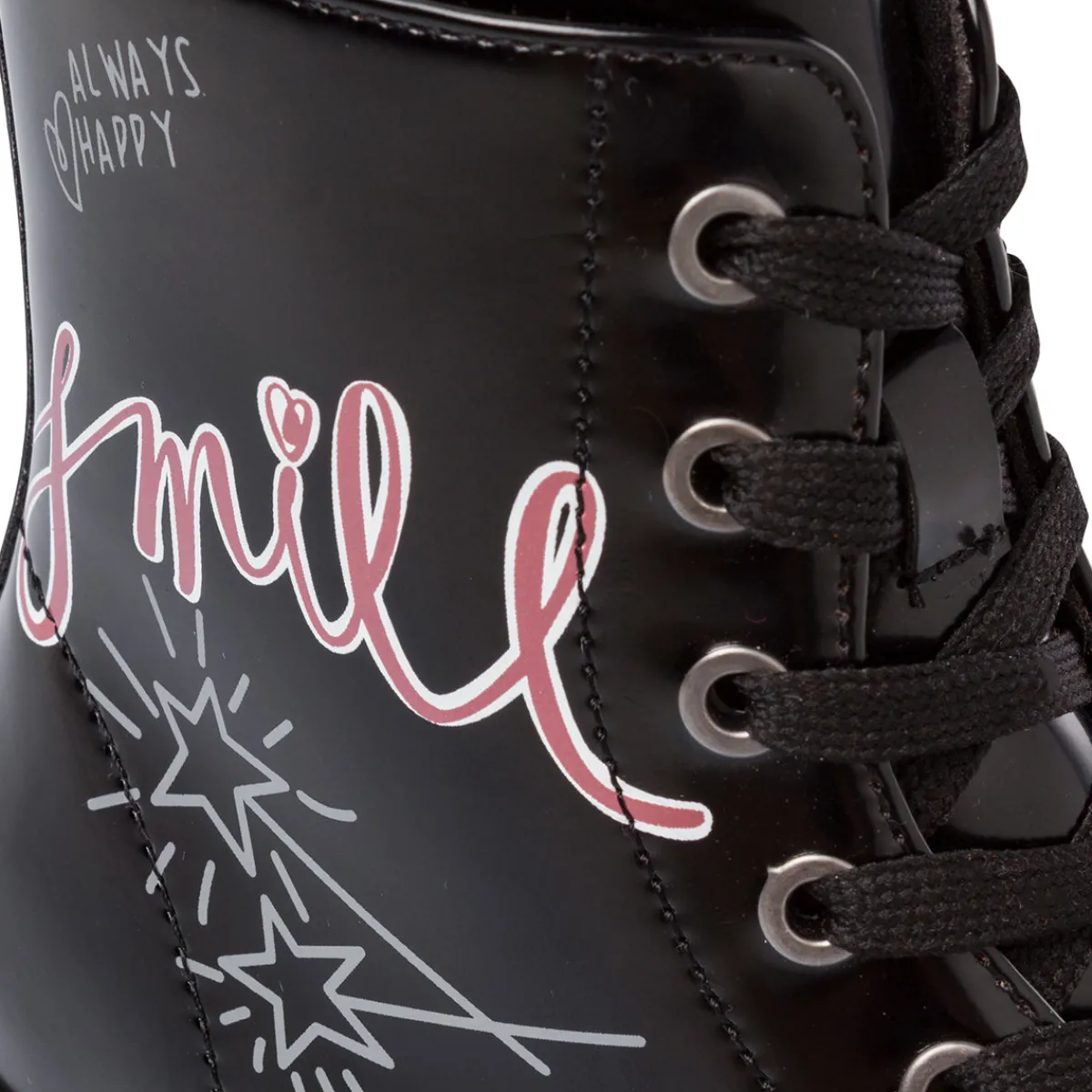 New Anfibi da Ragazza neri lucidi con stampa grafica Smile Bambino Stivaletti Bambina|Scarpe Ragazza