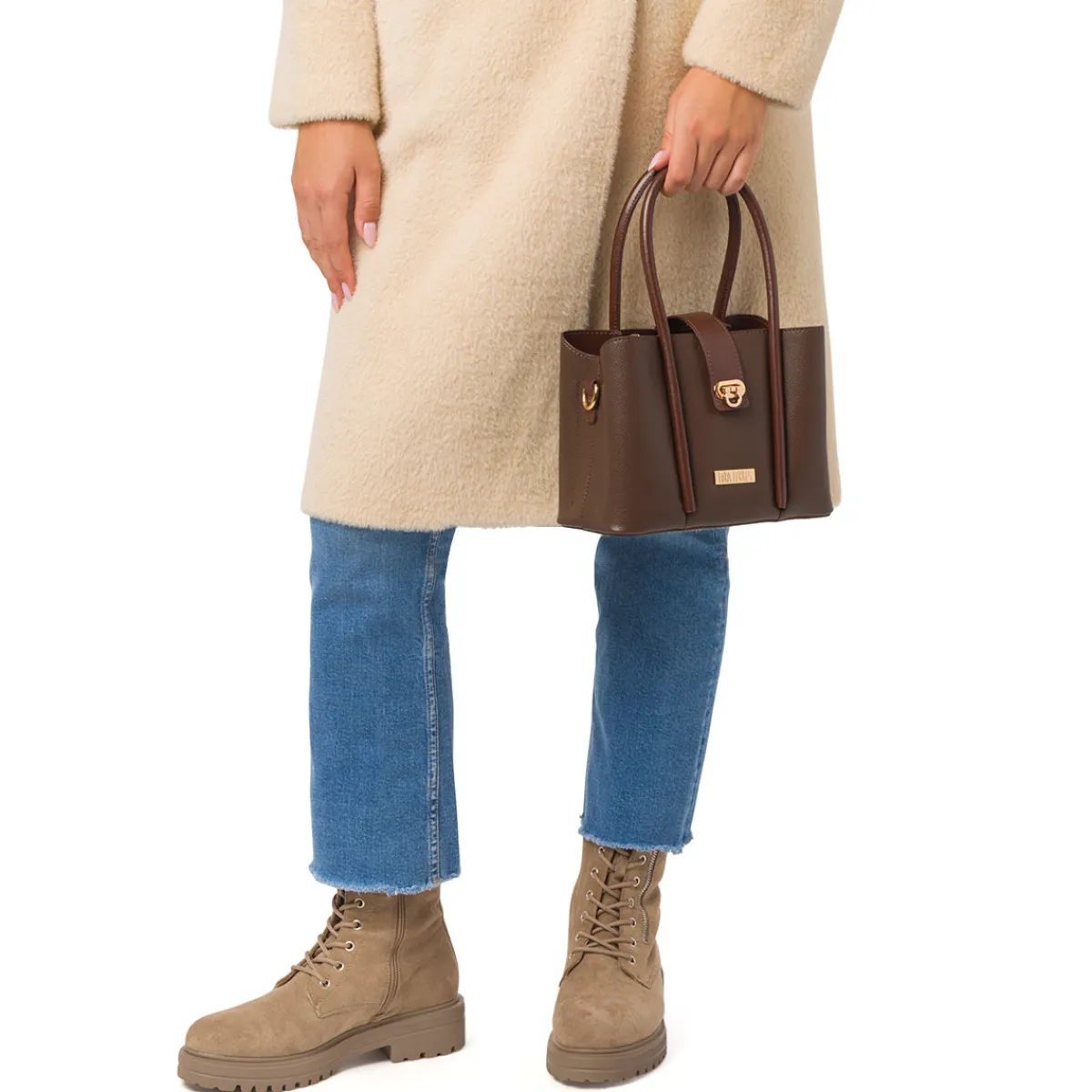 Borsa a Mano da Donna Marrone con Dettagli Oro Donna Borse A Mano