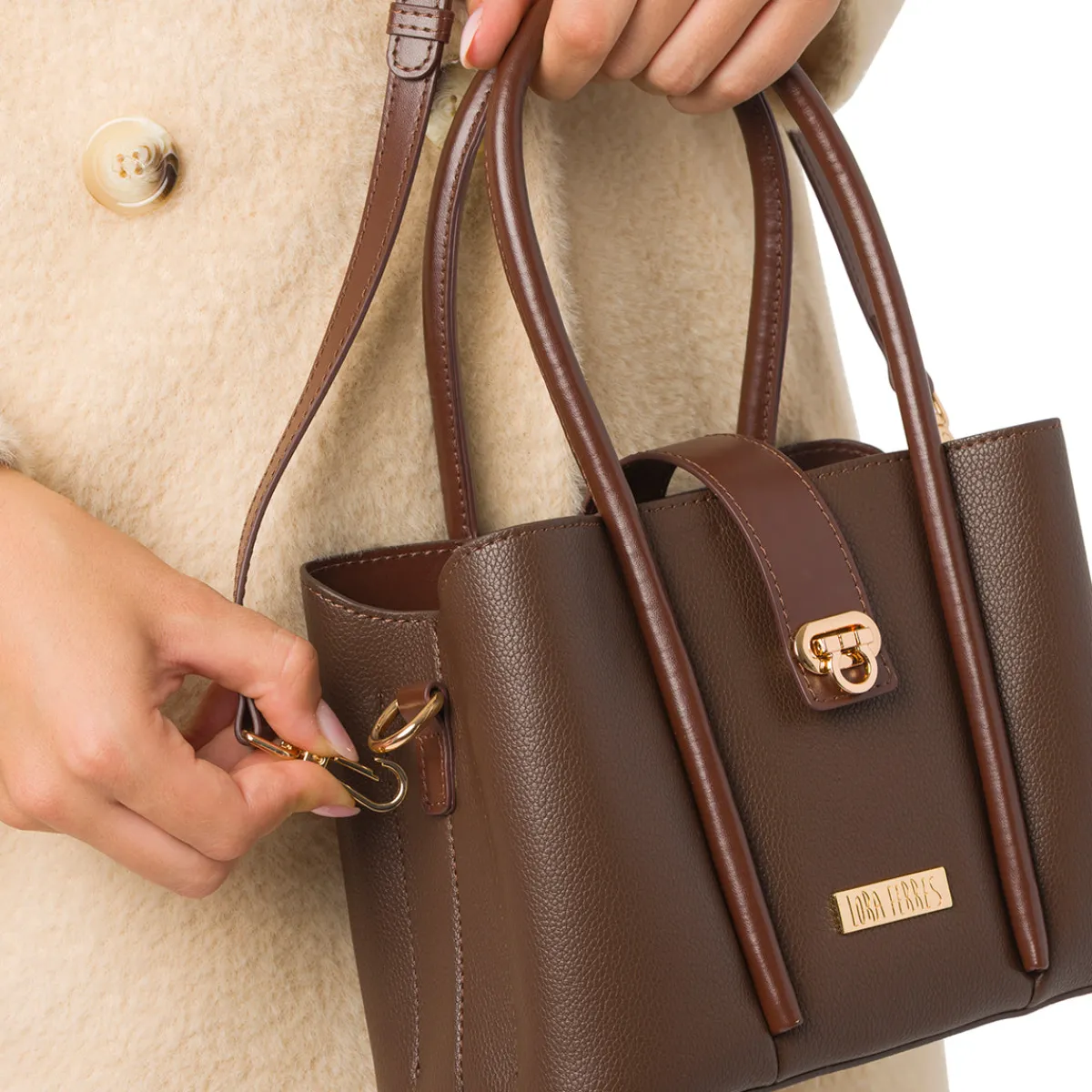 Borsa a Mano da Donna Marrone con Dettagli Oro Donna Borse A Mano