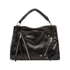 Outlet Borsa a Mano da Donna Nera con Zip Decorative Donna Borse A Mano