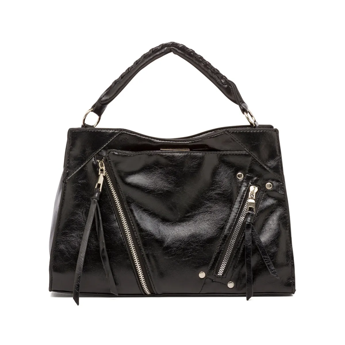 Outlet Borsa a Mano da Donna Nera con Zip Decorative Donna Borse A Mano