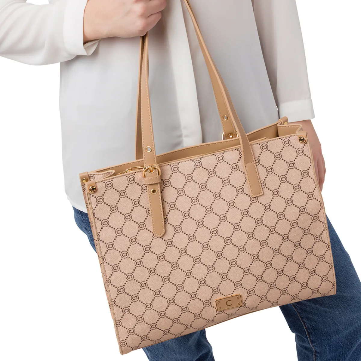 Sale Borsa a spalla beige da Donna con dettaglio logo metallizzato Donna Borse A Spalla