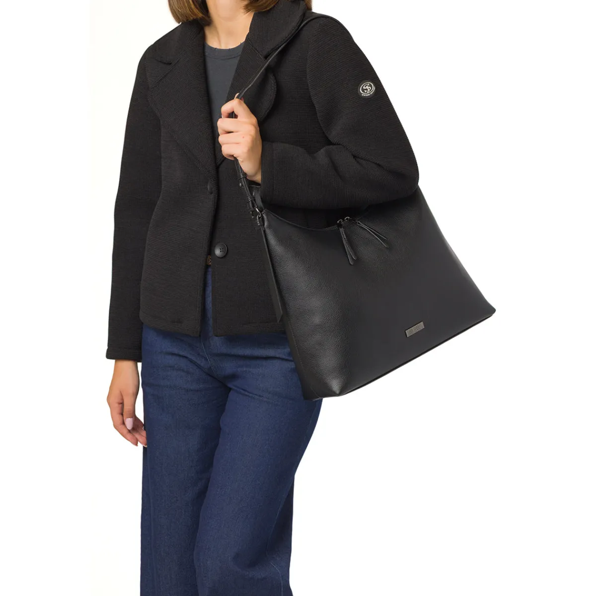 Hot Borsa a spalla nera da Donna con zip e logo Donna Borse A Spalla