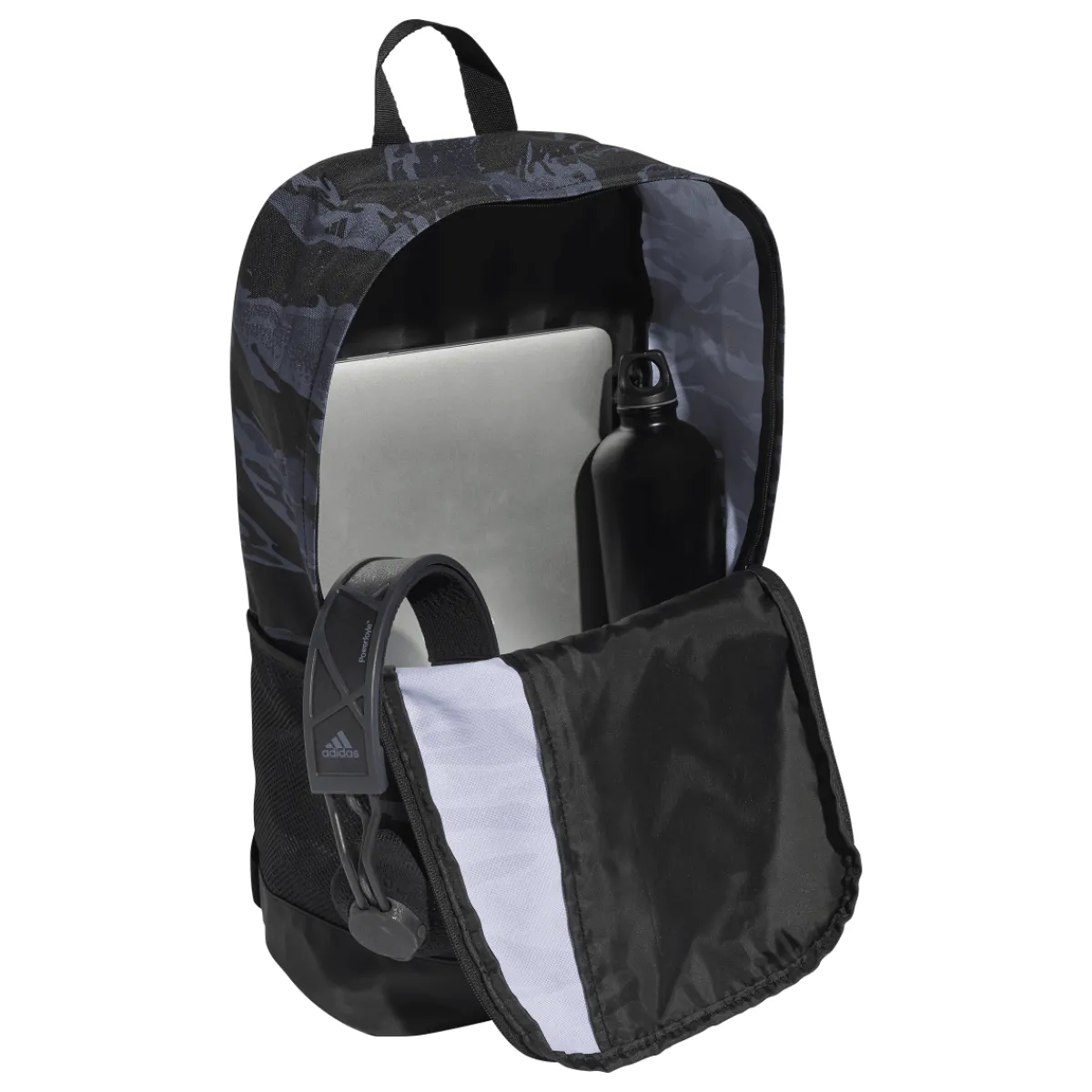 Outlet Borsa sport blu navy e nera con stampa mimetica e logo frontale Zaini Sportivi