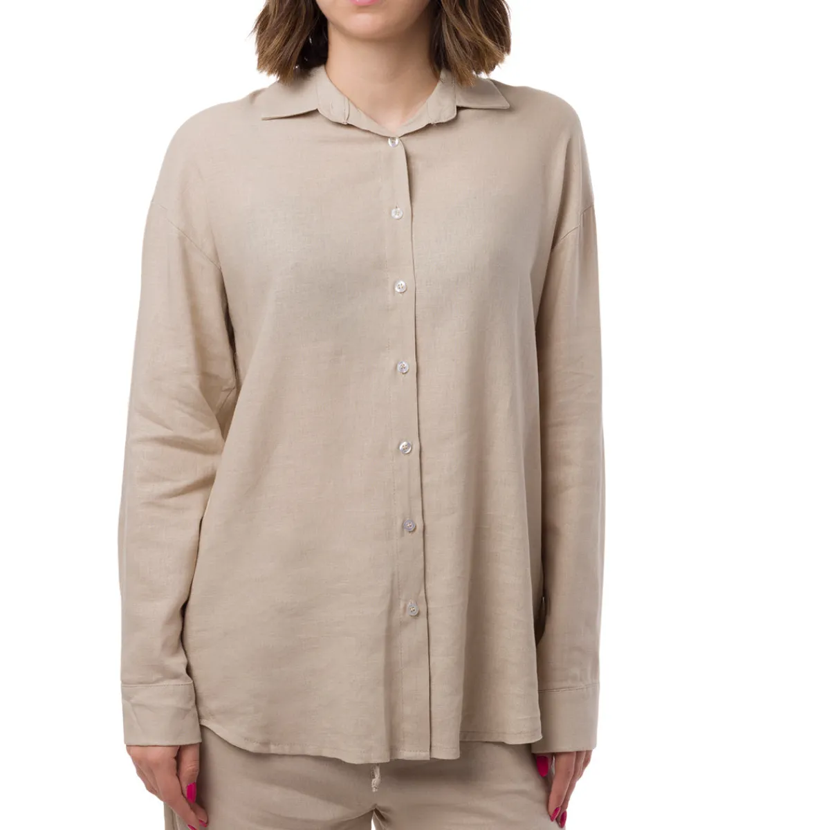Online Camicia Beige da Donna in Misto Lino a Manica Lunga Donna Camicie Donna|Abbigliamento Moda Donna