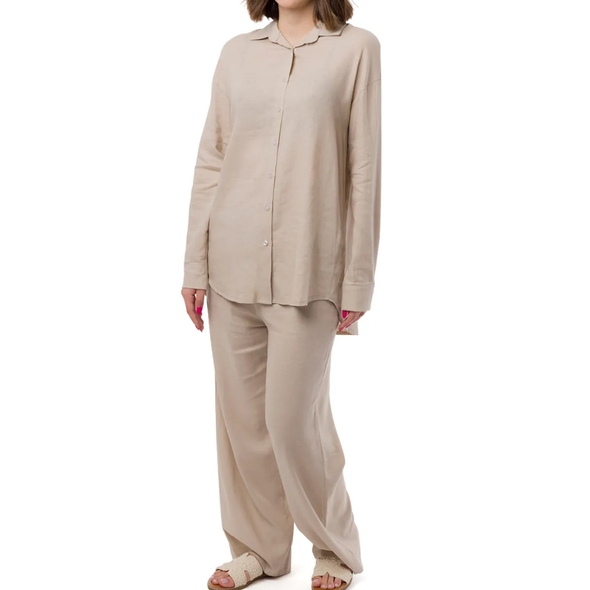 Online Camicia Beige da Donna in Misto Lino a Manica Lunga Donna Camicie Donna|Abbigliamento Moda Donna