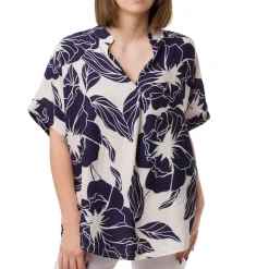 Hot Camicia Blu da Donna con collo alla Coreana e fantasia floreale Donna Camicie Donna|Abbigliamento Moda Donna