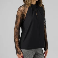 Outlet Camicia blusa nera da Donna con maniche in pizzo Donna Camicie Donna