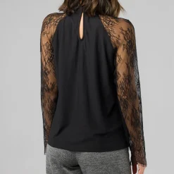 Outlet Camicia blusa nera da Donna con maniche in pizzo Donna Camicie Donna