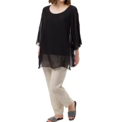 Discount Camicia Nera a Maniche Corte da Donna Semi Trasparente con Fodera Donna Camicie Donna|Abbigliamento Moda Donna