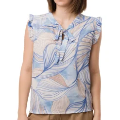 Outlet Camicia smanicata Blu da Donna con fantasia floreale e rouches Donna T-Shirt Donna|Camicie Donna