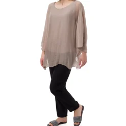 Discount Camicia Taupe a Maniche Corte da Donna Semi Trasparente con Fodera Donna Camicie Donna|Abbigliamento Moda Donna