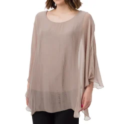 Discount Camicia Taupe a Maniche Corte da Donna Semi Trasparente con Fodera Donna Camicie Donna|Abbigliamento Moda Donna