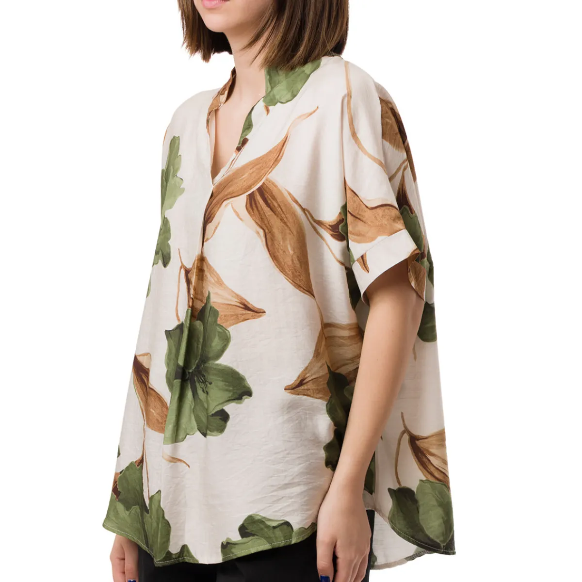 Online Camicia Verde da Donna con collo alla Coreana e fantasia floreale Donna Camicie Donna|Abbigliamento Moda Donna