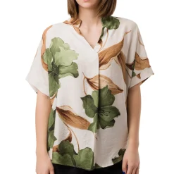 Online Camicia Verde da Donna con collo alla Coreana e fantasia floreale Donna Camicie Donna|Abbigliamento Moda Donna