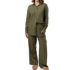 Outlet Camicia Verde da Donna in Misto Lino a Manica Lunga Donna Camicie Donna|Abbigliamento Moda Donna