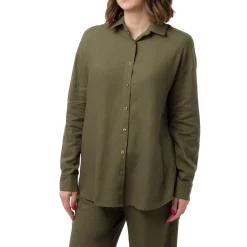 Outlet Camicia Verde da Donna in Misto Lino a Manica Lunga Donna Camicie Donna|Abbigliamento Moda Donna