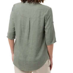 Clearance Camicia Verde da Donna in Misto Lino con Collo alla Coreana Donna Camicie Donna|Abbigliamento Moda Donna