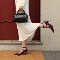 Clearance Décolleté Mary Jane da donna rosso bordeaux burgundy con tacco 8,5 cm e tre cinturini con fibbia Donna Scarpe Eleganti|Décolleté