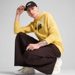 New Felpa da uomo gialla in cotone con cappuccio e logo a contrasto Uomo Abbigliamento Puma|Felpe Uomo