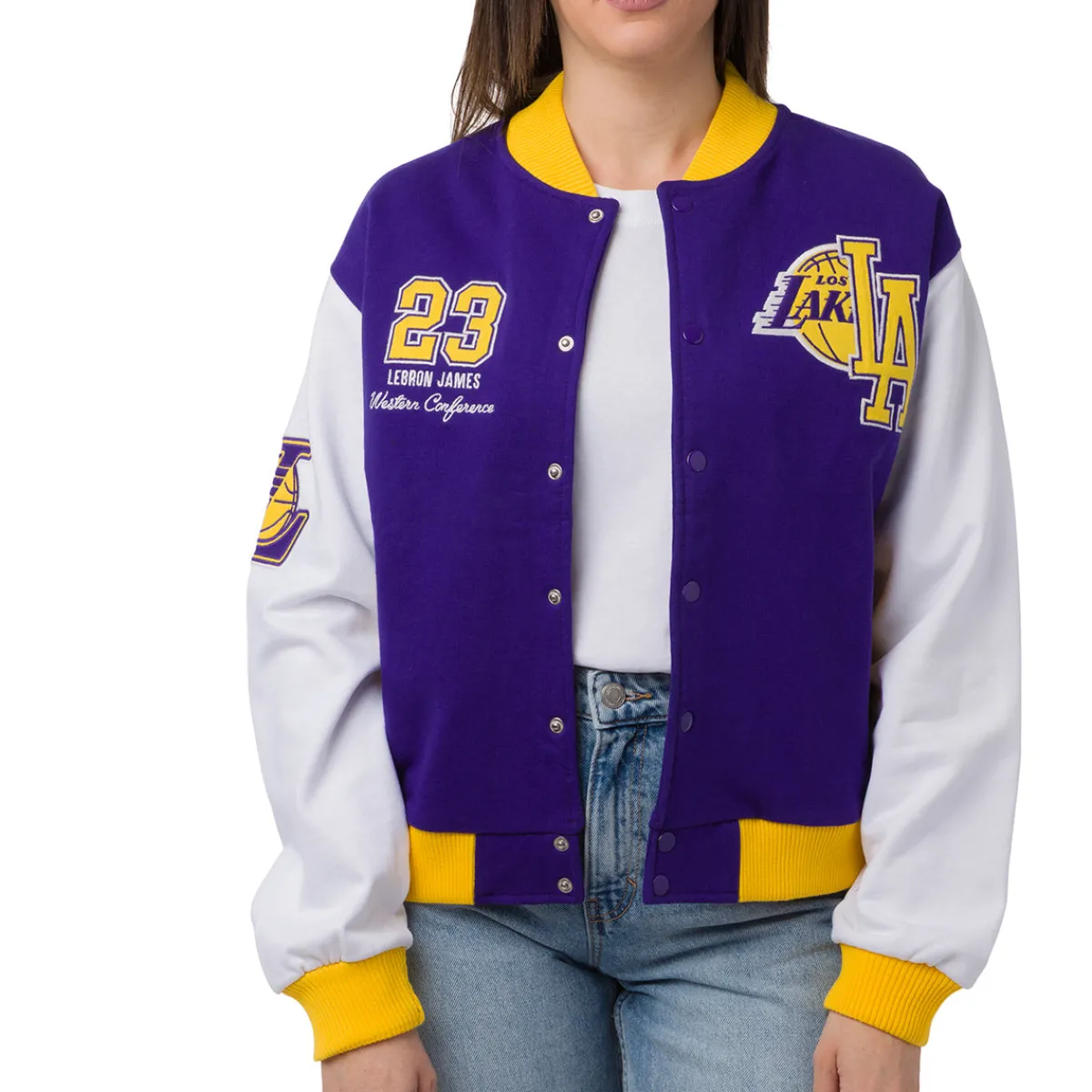 Best Giacca Bomber da Donna viola bianca e gialla con loghi ricamati LA Lakers NBA Donna Abbigliamento Nba|Giacche E Cappotti Donna