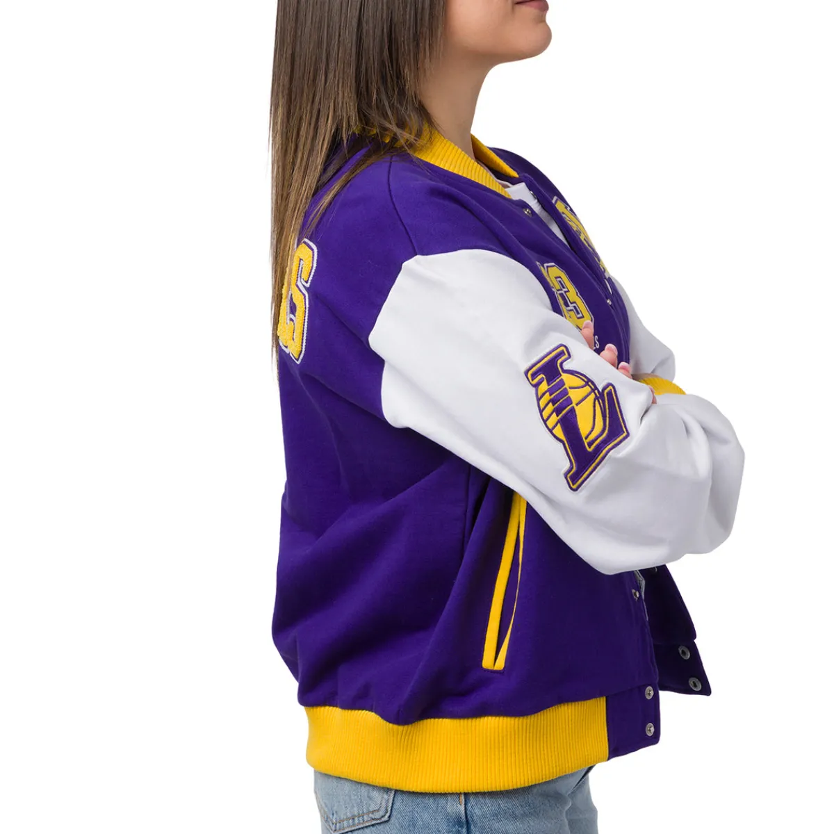Best Giacca Bomber da Donna viola bianca e gialla con loghi ricamati LA Lakers NBA Donna Abbigliamento Nba|Giacche E Cappotti Donna