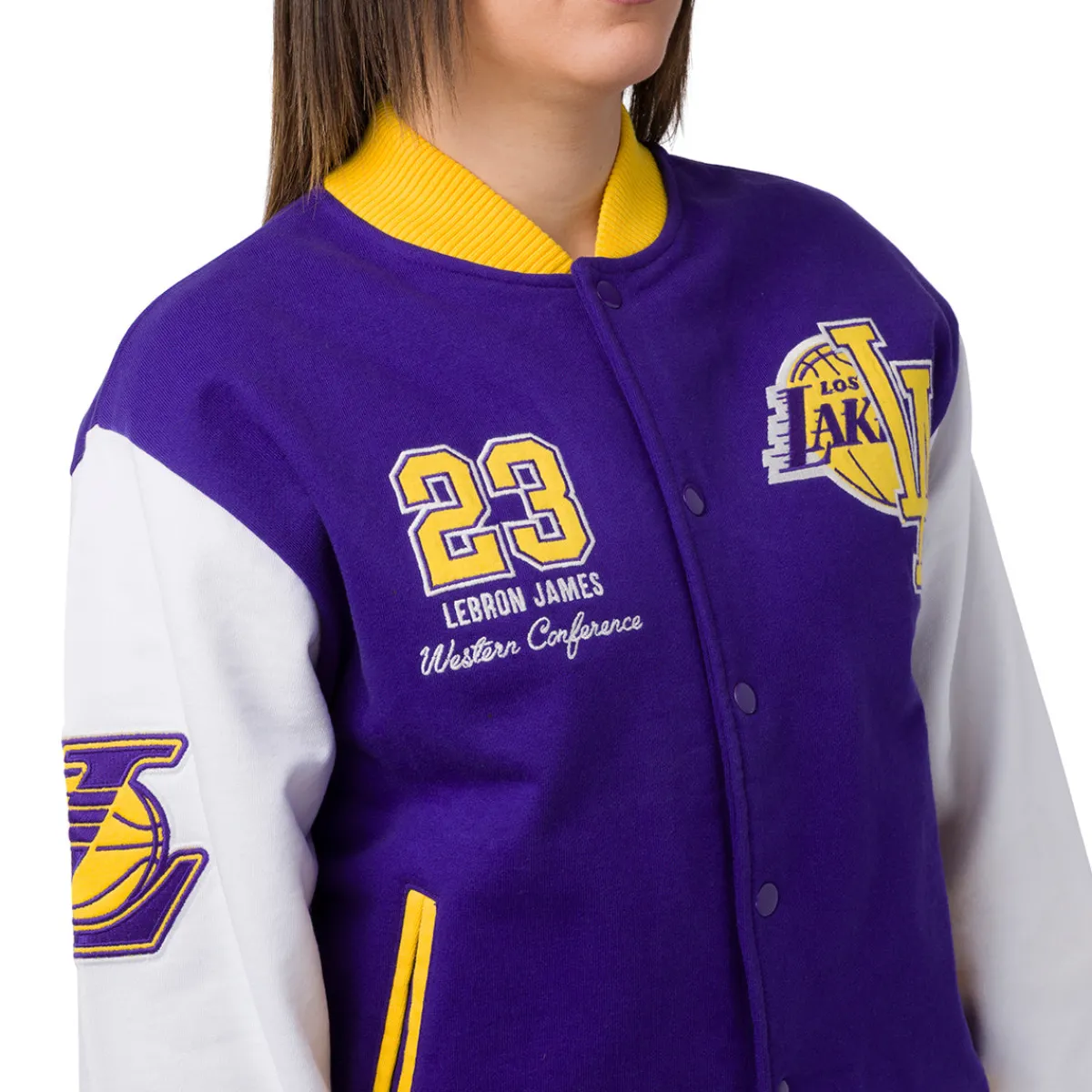 Best Giacca Bomber da Donna viola bianca e gialla con loghi ricamati LA Lakers NBA Donna Abbigliamento Nba|Giacche E Cappotti Donna