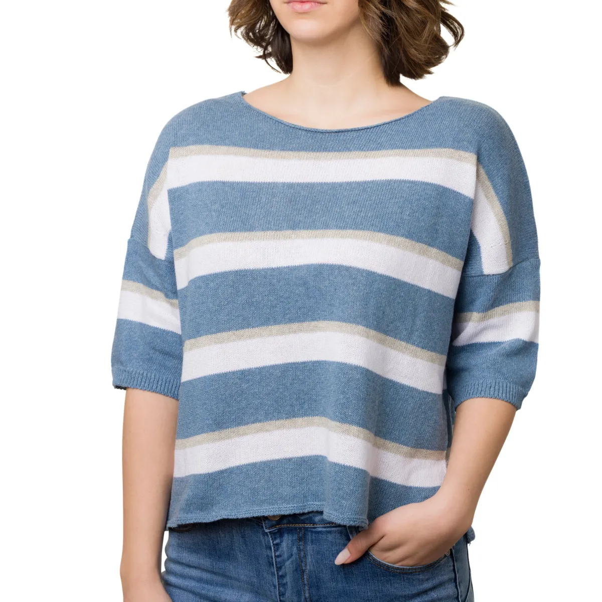 Sale Maglia cropped da Donna a righe Blu con manica a tre quarti Donna T-Shirt Donna