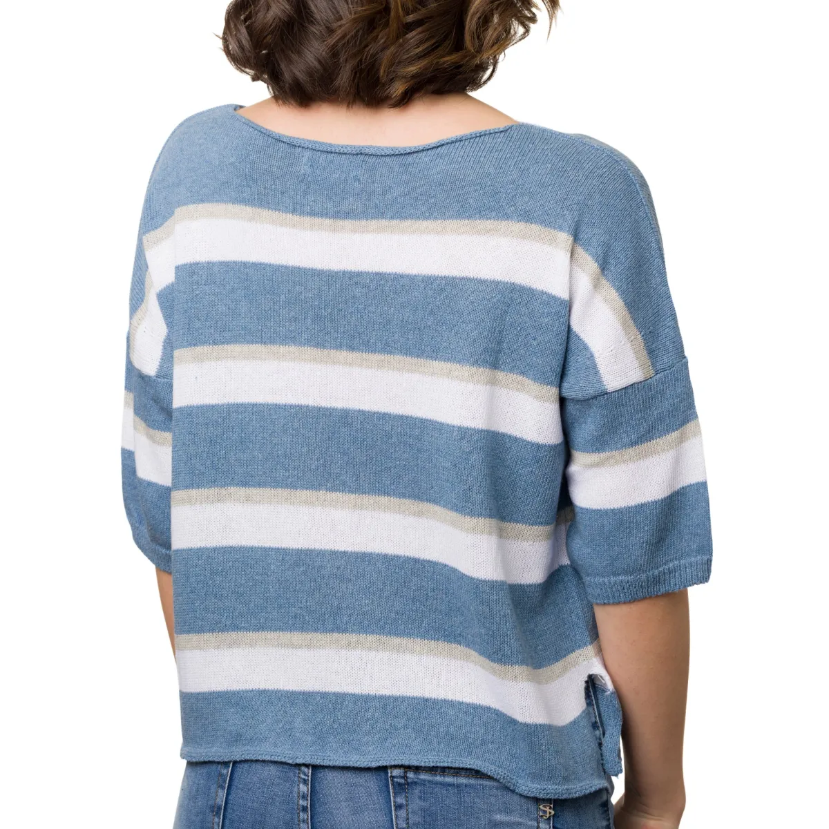 Sale Maglia cropped da Donna a righe Blu con manica a tre quarti Donna T-Shirt Donna