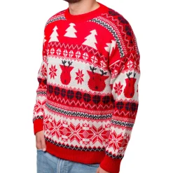 New Maglione natalizio da uomo rosso con ricami fiocchi di neve e renne Uomo Abbigliamento Moda Uomo|Cardigan Maglioni E Pullover Uomo