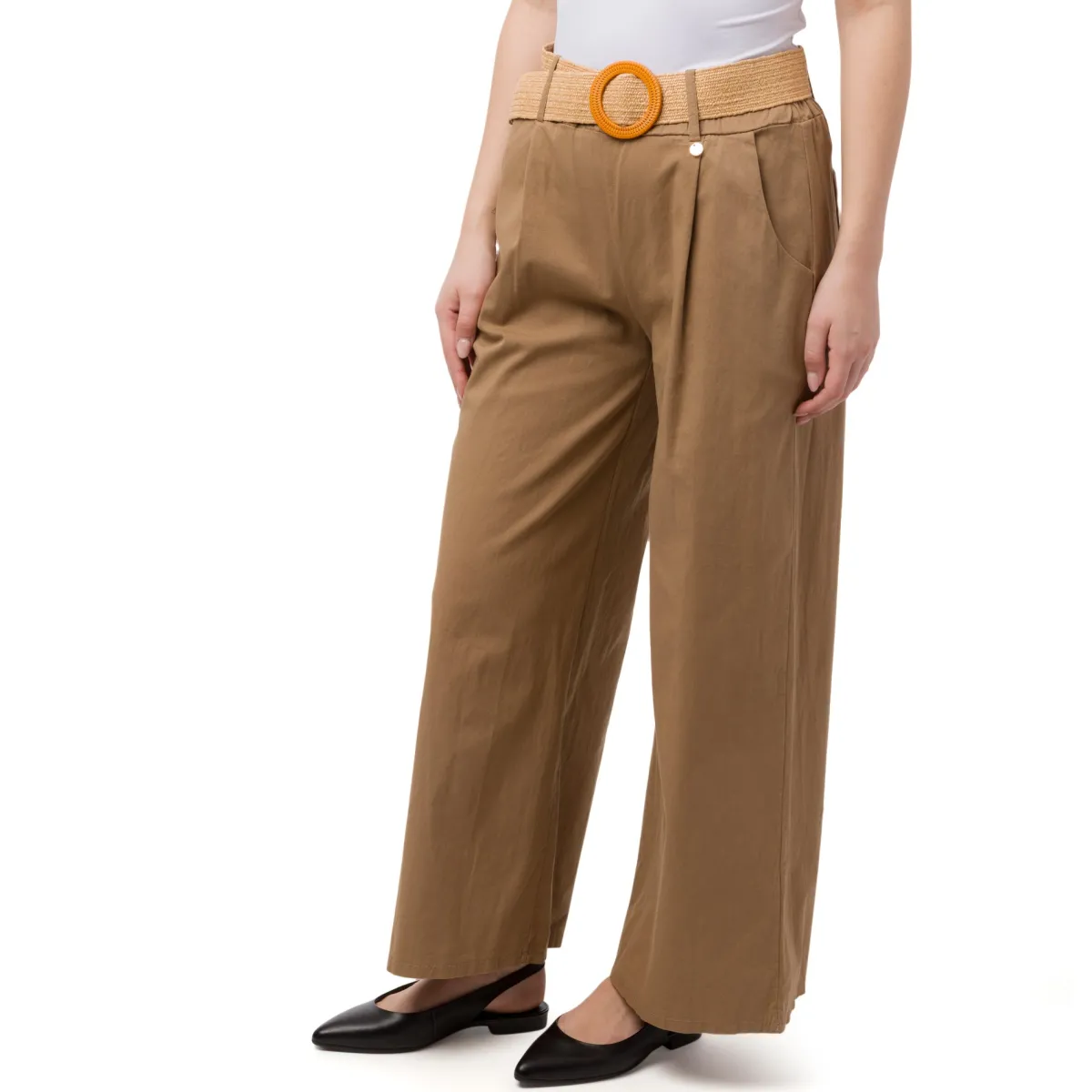 Sale Pantaloni beige da Donna in cotone con cintura effetto rafia Donna Gonne E Pantaloni|Abbigliamento Moda Donna