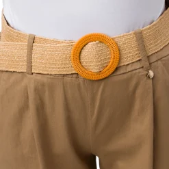Sale Pantaloni beige da Donna in cotone con cintura effetto rafia Donna Gonne E Pantaloni|Abbigliamento Moda Donna
