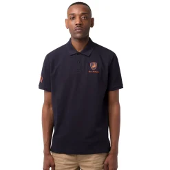 New Polo da uomo blu scuro con dettagli arancione e logo Uomo Polo Uomo|Abbigliamento Sportivo Uomo