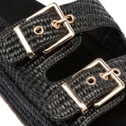 Clearance Sandali neri da Donna con doppia fibbia effetto rafia Donna Ciabatte Donna