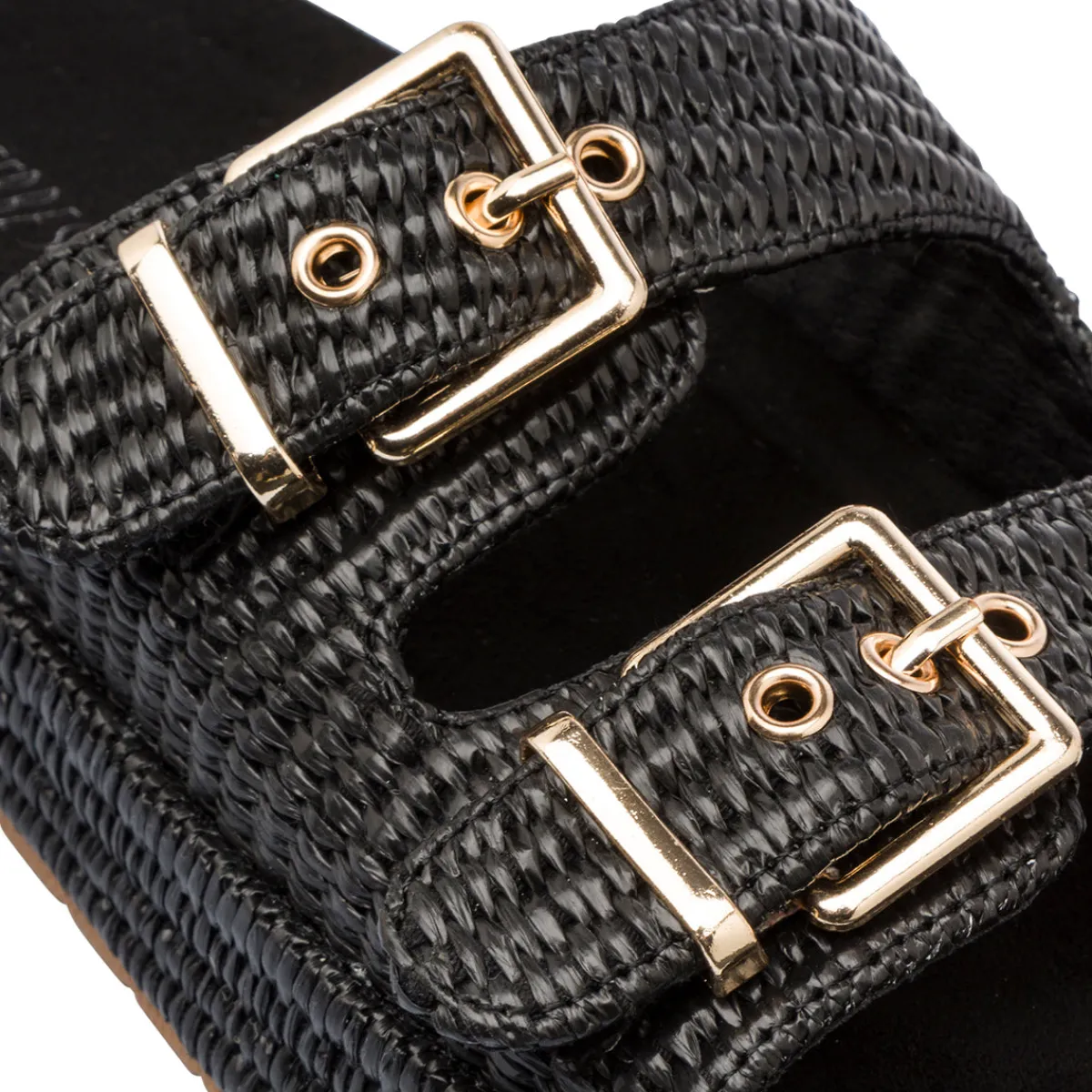 Clearance Sandali neri da Donna con doppia fibbia effetto rafia Donna Ciabatte Donna