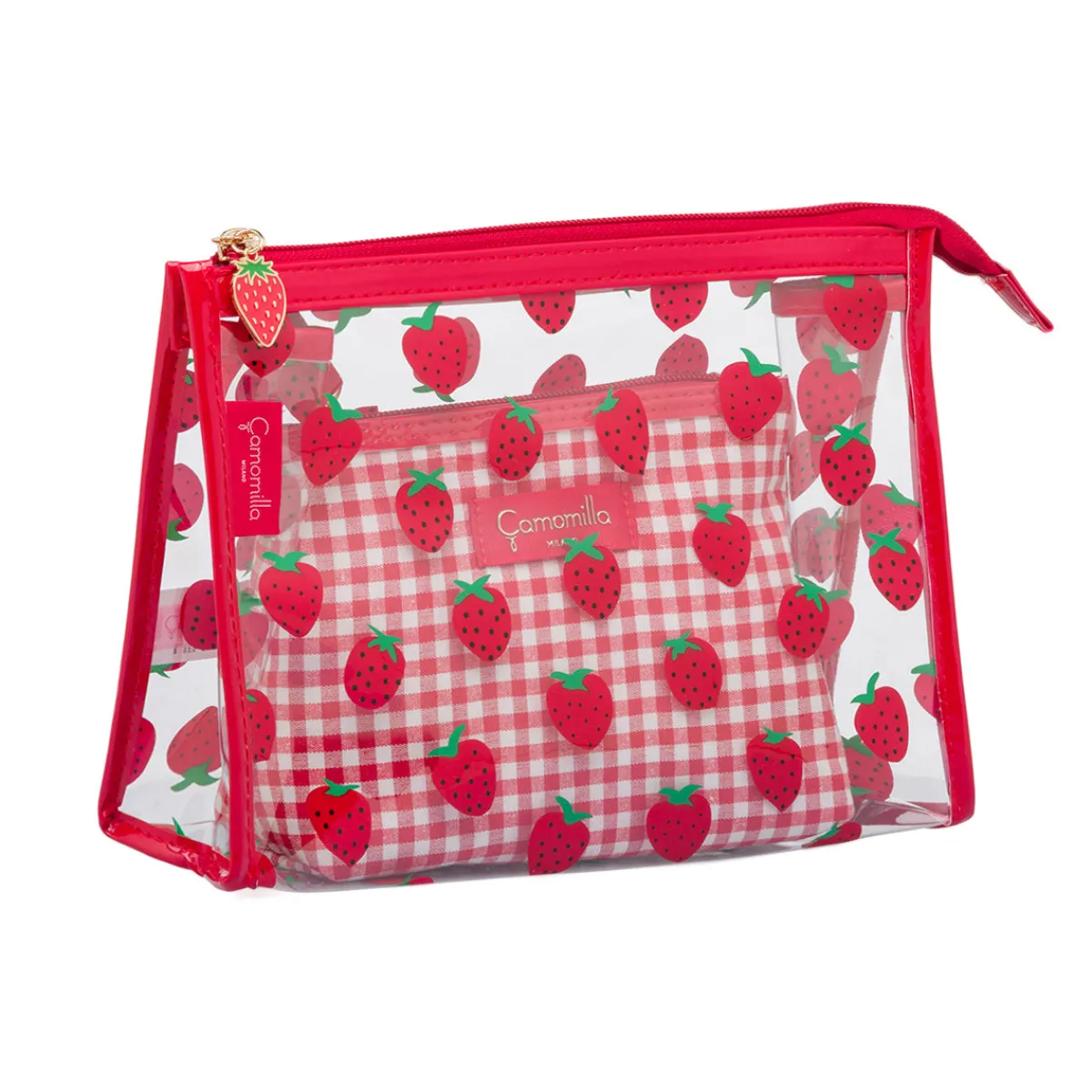 Set Beauty Case rosso con stampa fragole Donna Beauty Case E Trousse