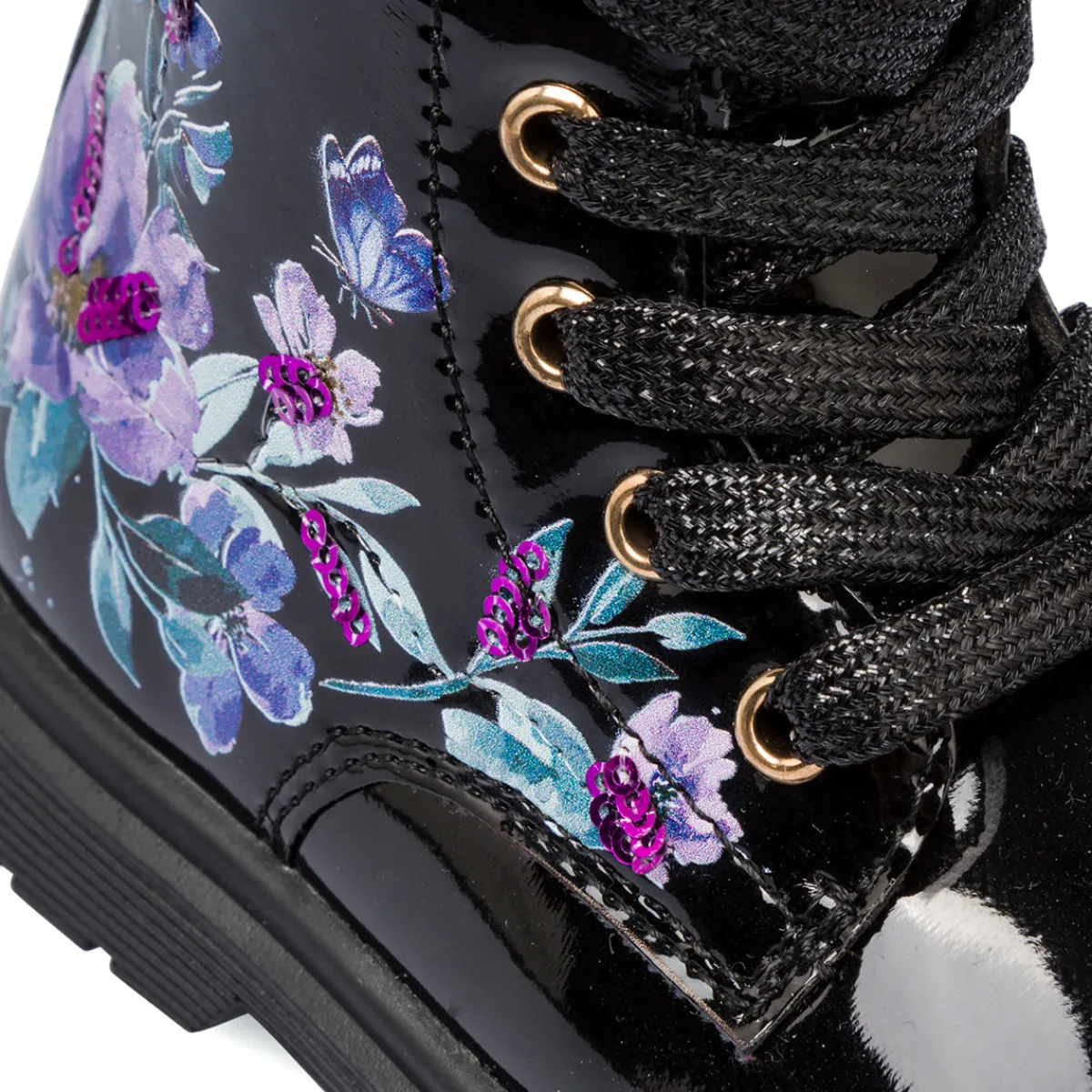 Stivaletti bambina neri effetto vernice con dettagli fiori Bambino Stivaletti Bambina