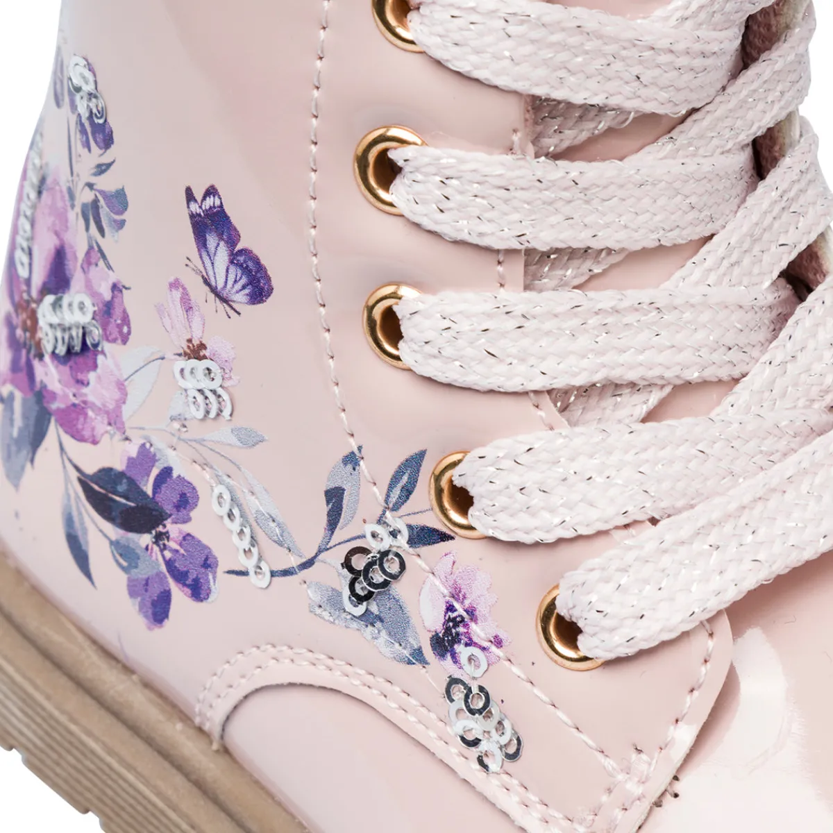 Hot Stivaletti bambina rosa effetto vernice con dettagli fiori Bambino Stivaletti Bambina