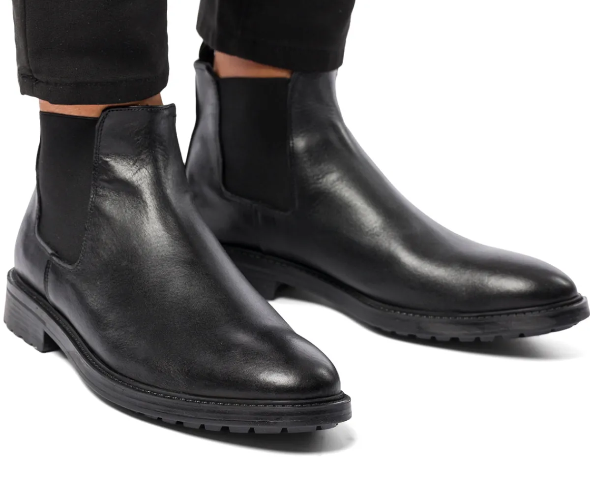 Sale Stivaletti con elastici neri in pelle da uomo con suola chunky Uomo Polacchine Uomo|Stivaletti Uomo