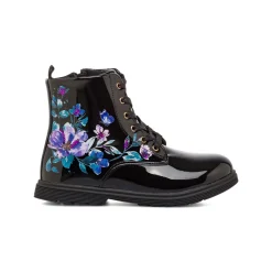 Sale Stivaletti da ragazza neri effetto vernice con stampa fiori Bambino Stivaletti Bambina|Scarpe Ragazza