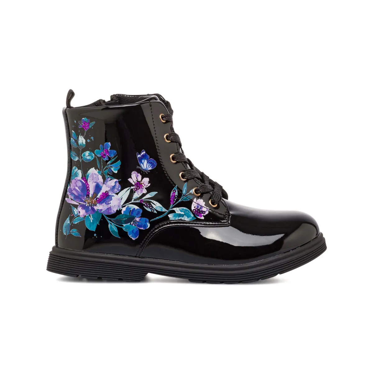 Sale Stivaletti da ragazza neri effetto vernice con stampa fiori Bambino Stivaletti Bambina|Scarpe Ragazza