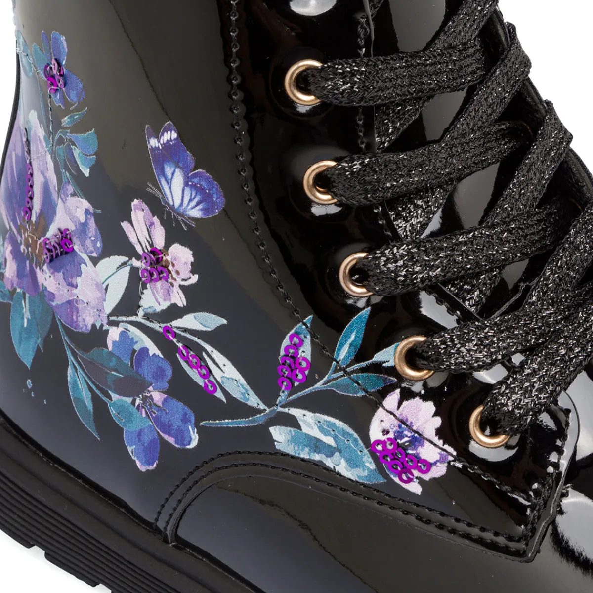 Sale Stivaletti da ragazza neri effetto vernice con stampa fiori Bambino Stivaletti Bambina|Scarpe Ragazza
