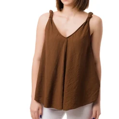 Online Top Marrone da Donna con spallina arricciata e scollo a V Donna T-Shirt Donna|Abbigliamento Moda Donna