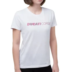 Clearance T-shirt bianca da donna in cotone con logo rosa Corse Donna Abbigliamento Ducati|T-Shirt Donna