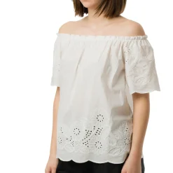 Outlet T-shirt camicia Bianca da Donna con collo a barchetta e maniche in Sangallo Donna T-Shirt Donna|Camicie Donna