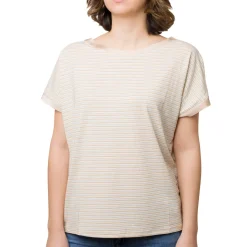Online T-shirt girocollo Donna a righe beige e lurex con manica corta Donna T-Shirt Donna