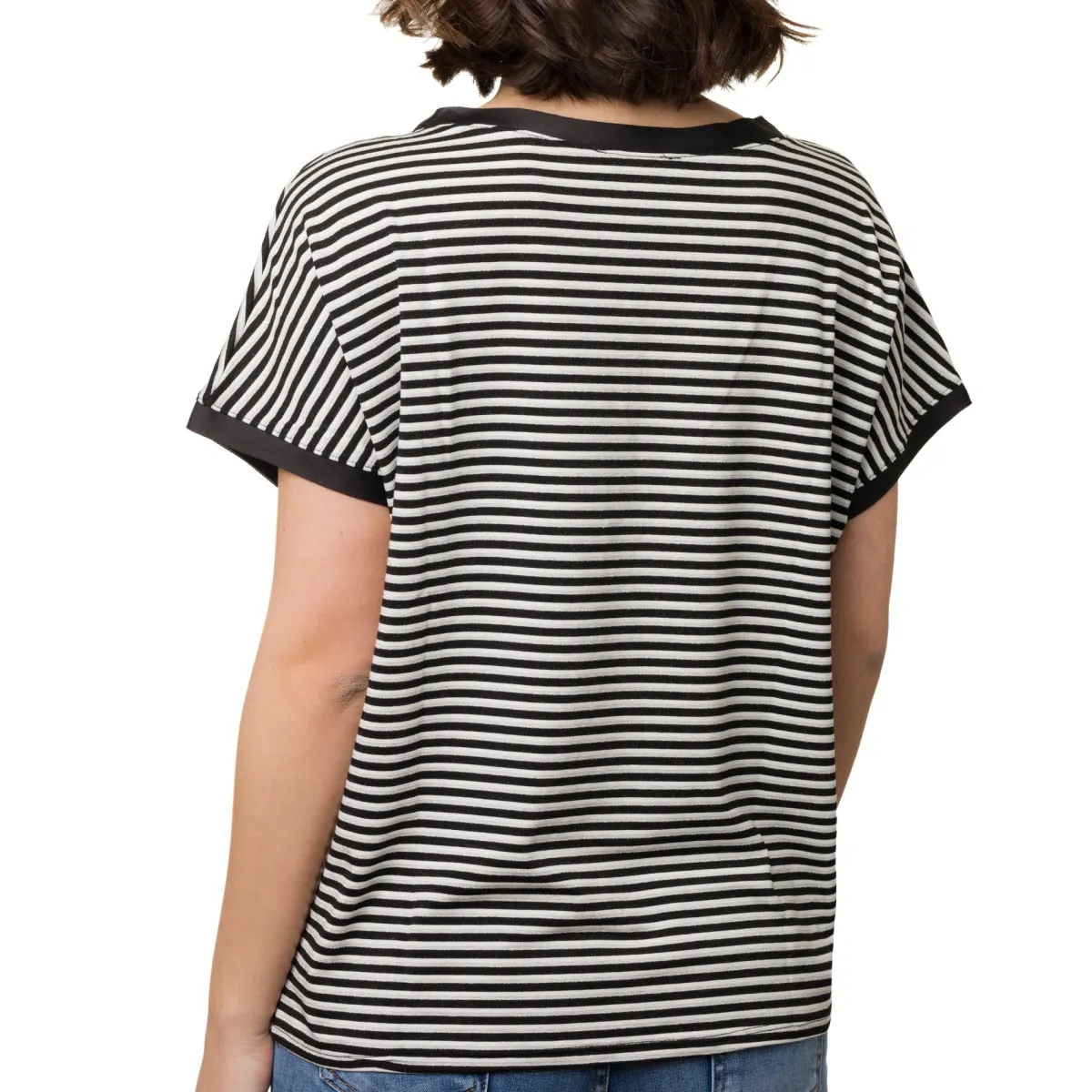 Sale T-shirt girocollo Donna a righe nere e lurex con manica corta Donna T-Shirt Donna