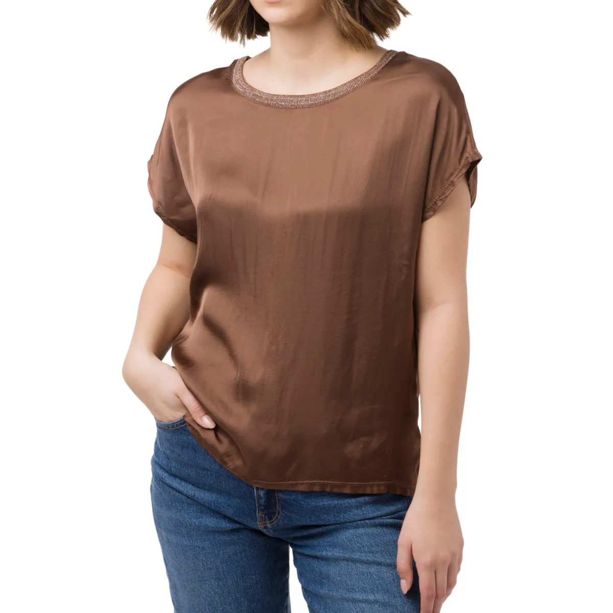 T-shirt marrone elegante da Donna con dettaglio glitter Donna T-Shirt Donna|Abbigliamento Moda Donna