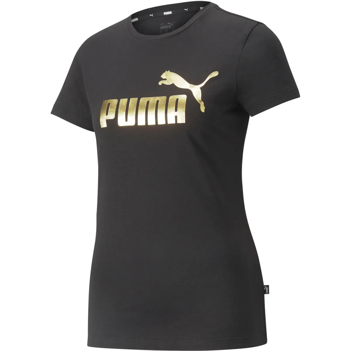 Sale T-shirt nera da donna con logo oro Essentials + Donna Abbigliamento Puma|T-Shirt Donna